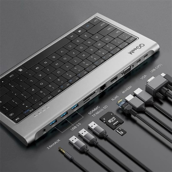 11'i 1 Arada Klavye Tipi USB-C Docking Station - 4K HDMI, VGA, Gigabit Ethernet RJ45, 3x USB 3.0, 100W PD Şarj ve Kart Okuyucu Çoklayıcı Hub