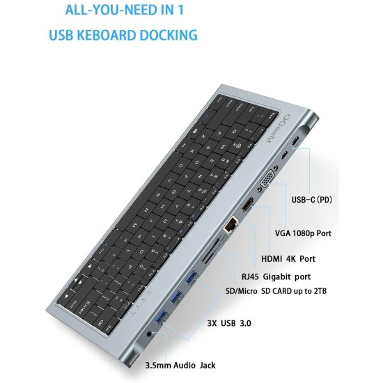 11'i 1 Arada Klavye Tipi USB-C Docking Station - 4K HDMI, VGA, Gigabit Ethernet RJ45, 3x USB 3.0, 100W PD Şarj ve Kart Okuyucu Çoklayıcı Hub