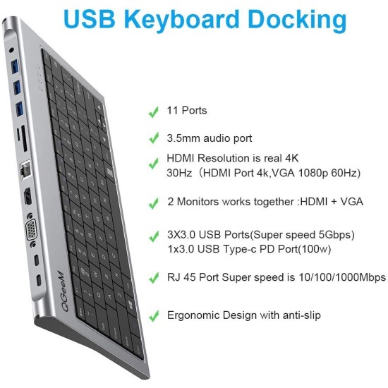 11'i 1 Arada Klavye Tipi USB-C Docking Station - 4K HDMI, VGA, Gigabit Ethernet RJ45, 3x USB 3.0, 100W PD Şarj ve Kart Okuyucu Çoklayıcı Hub