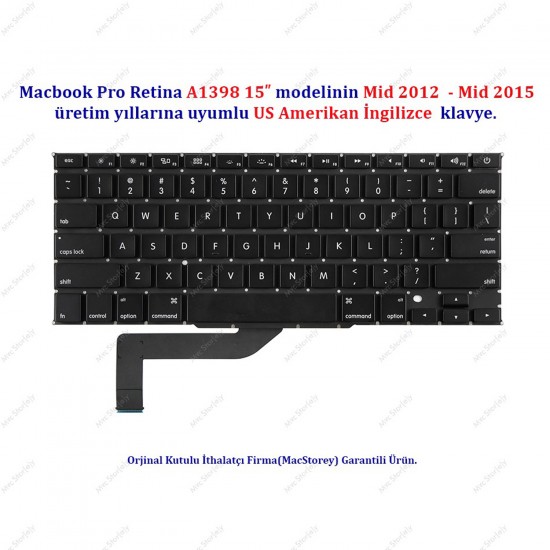 Macbook Pro ile Uyumlu 15inc A1398 Klavye Tuş Takımı US-İngilizce