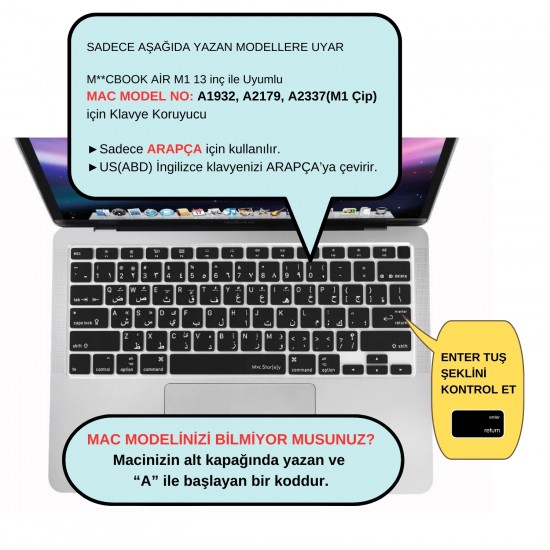 Arapça Klavye Koruyucu Macbook Air M1 13 inç (TouchID'li Air) A2337 A2179 US Enter ile Uyumlu