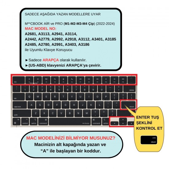 Arapça Klavye Koruyucu US Macbook Air-Pro M1-M2-M3-M4 (TouchID'li) A2681 A3113 A2941 A3114 A2442 A2779 A2992 A2918 A2485 A2780 A2991 ile Uyumlu