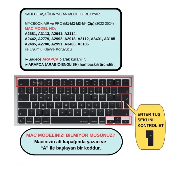 Arapça Klavye UK Macbook Air Pro Kılıf M1-M2-M3-M4 A2681 A2941 A2442 A2485 A3113 A3401 A3186 ile Uyumlu