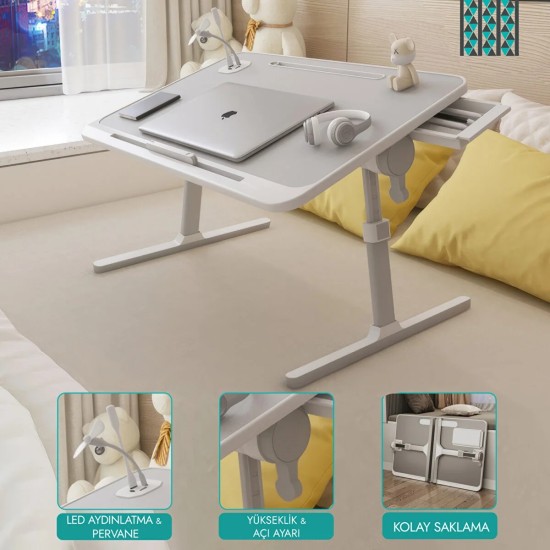 Ayarlanabilir Amortisörlü Laptop Sehpası - 60x40 cm Katlanır Yatak Koltuk Masası, Çekmeceli ve USB Fan/Işıklı Taşınabilir Bilgisayar Masası