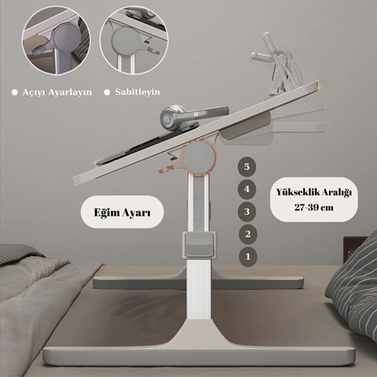 Ayarlanabilir Amortisörlü Laptop Sehpası - 60x40 cm Katlanır Yatak Koltuk Masası, Çekmeceli ve USB Fan/Işıklı Taşınabilir Bilgisayar Masası