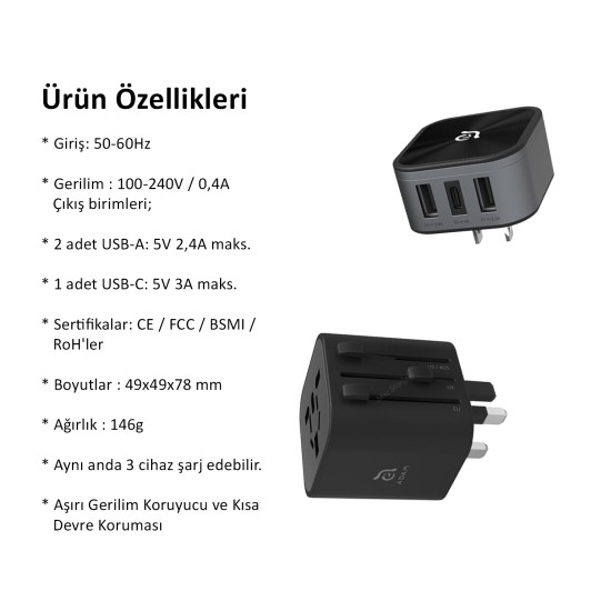 Çoklu Şarj Adaptörü Seyahat Şarj Kiti Hızlı Şarj Destekli 150 Ülkeye Uyumlu MFI Sertifikalı Çoklu Şarj Adaptörü Seyahat Şarj Kiti Hızlı Şarj Destekli 150 Ülkeye Uyumlu MFI Sertifikalı