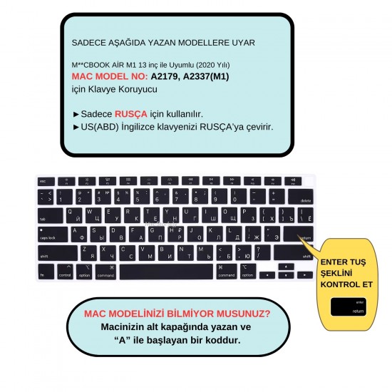 Rusça Klavye Koruyucu Macbook Air M1 13 inç 2020 (TouchID'li Air) A2337 A2179 US Enter ile Uyumlu