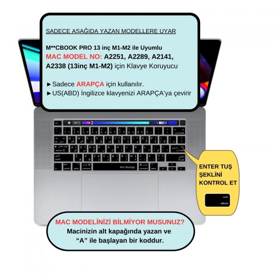 Arapça Klavye Koruyucu Macbook Pro M1-M2 13 inç (Touchbarlı) A2251 A2289 A2338 A2141 US Enter ile Uyumlu