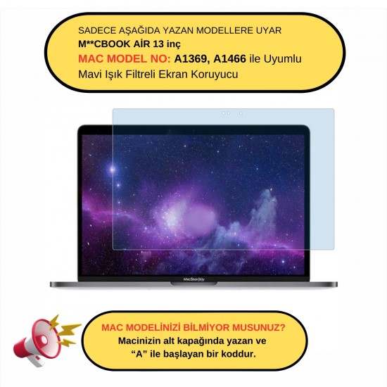 Ekran Koruyucu Macbook Air Anti Blue Ray (Eski USB'li Model 2010-2017) A1369 A1466 ile Uyumlu