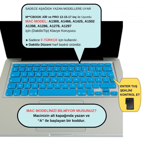 F Klavye Macbook Air Pro Kılıf Koruyucu DaktiloTip (Eski USB'li Model 2008/2017) ile Uyumlu