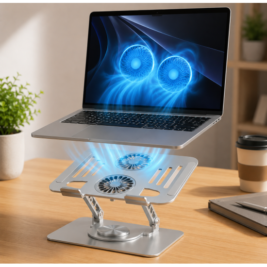 Fanlı Alüminyum Laptop Standı 360° Döner Ayarlanabilir Çift Fanlı Notebook Yükseltici