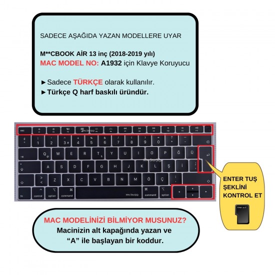 Laptop Macbook Air 13inç Klavye Koruyucu (Türkçe Q) TouchID'li A1932 (2018-2019) Modeli ile Uyumlu