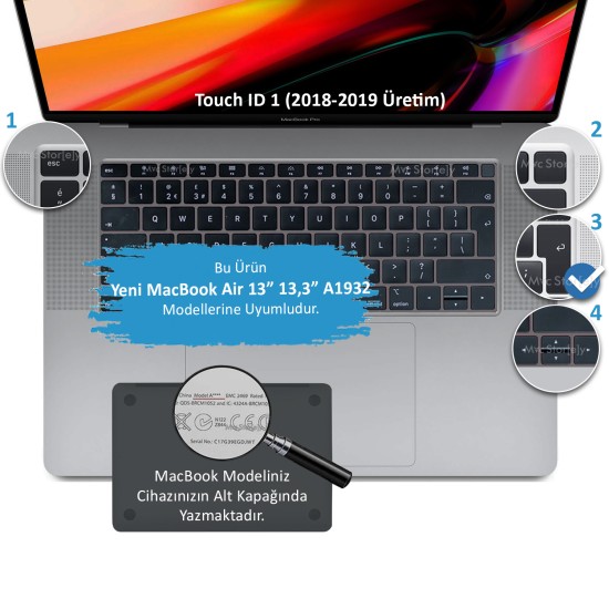 Laptop Macbook Air 13inç Klavye Koruyucu (UK-EU İngilizce) TouchID'li A1932 ile Uyumlu