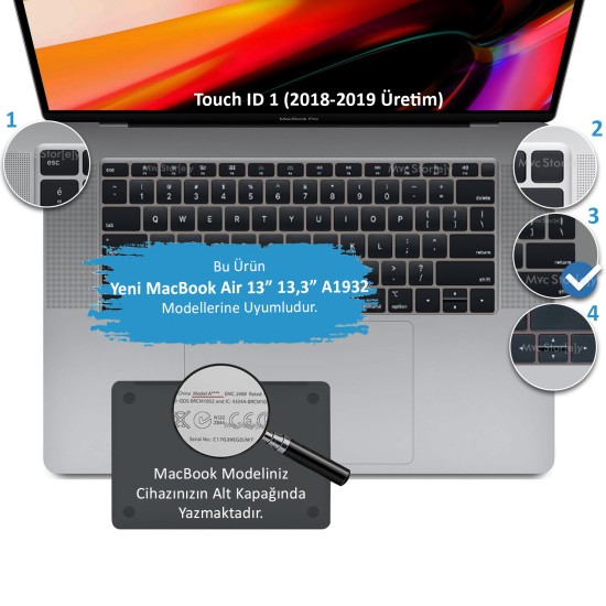 Laptop Macbook Air 13inç Klavye Koruyucu (US to TR) TouchID'li A1932 ile Uyumlu