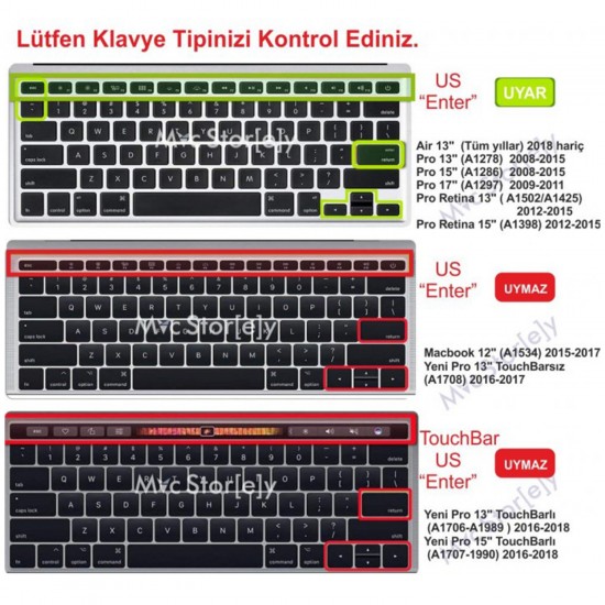 Macbook Klavye Koruyucu Pro ve Air için (US to TR) (Eski USB’li Model 2008/2017 yılı) ile Uyumlu Ombre