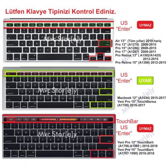 Laptop Macbook Pro Klavye Kılıf Koruyucu (US to TR) A1534 A1708 ile Uyumlu