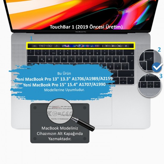 Macbook Pro Klavye Koruyucu (Türkçe Q) 13inç A1706 A1989 A2159 / 15inç A1707 A1990 ile Uyumlu Ombre
