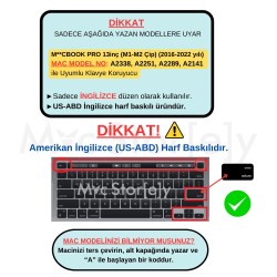 Macbook Pro Klavye Koruyucu M1-M2 13inç (US-ABD İngilizce) Touchbarlı A2338 A2289 A2251 A2141 Uyumlu