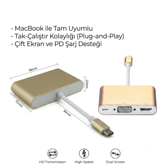 MacBook ve Dizüstü Bilgisayar Uyumlu Çok Fonksiyonlu Type-C Hub Dönüştürücü Adaptör Serisi - USB 3.0 Çoğaltıcı, HDMI, VGA, Kart Okuyucu Çoklu Bağlantı İstasyonu