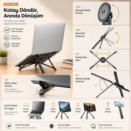 Manyetik Katlanabilir Telefon Standı Selfie Çubuğu Laptop Tablet Standı 360° Ayarlanabilir Alüminyum