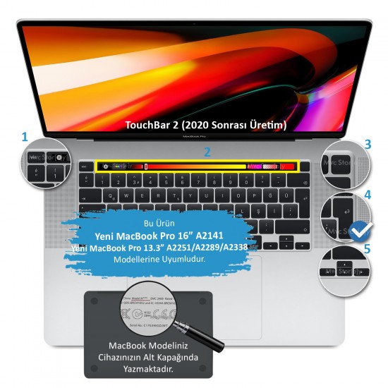 Macbook Pro Klavye Kılıfı 13inç M1-M2 Türkçe Q Baskı A2338 2289 2251 A2141 ile Uyumlu