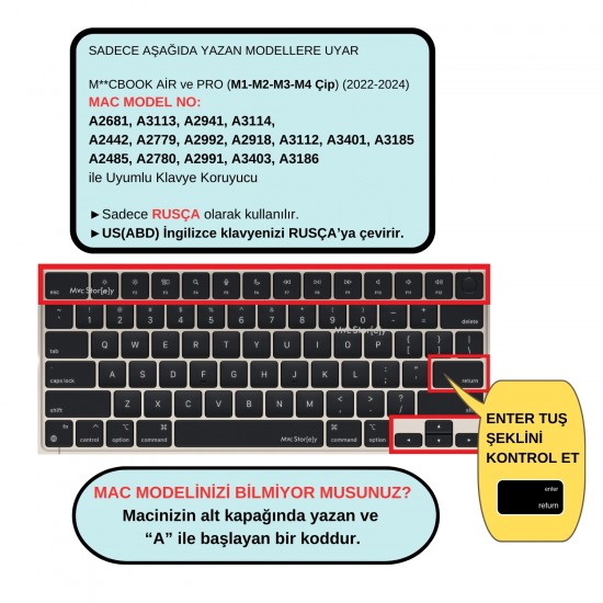 Rusça Klavye Koruyucu Macbook Air-Pro M1-M2-M3 (TouchID'li) A2681 A3113 A2941 A3114 A2442 A2779 A2992 A2918 A2485 A2780 A2991 US Enter ile Uyumlu