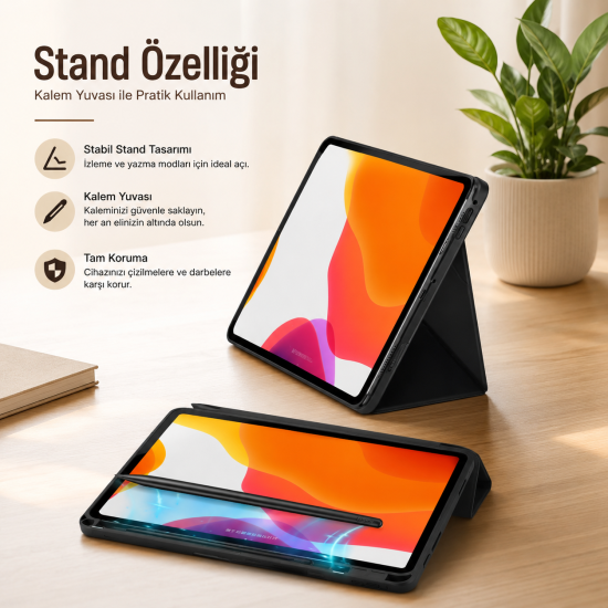 Samsung Galaxy Tab S9 FE Plus 12.4 İnç Kılıf Kalem Bölmeli Standlı Akıllı Kapak Manyetik Uyku Modlu