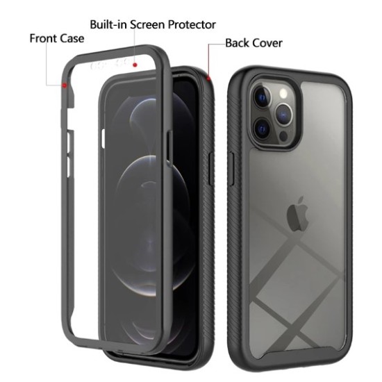 iPhone 12 Pro Max Uyumlu Ön Camlı 360° Tam Koruma Mıknatıslı Şeffaf Kılıf Siyah