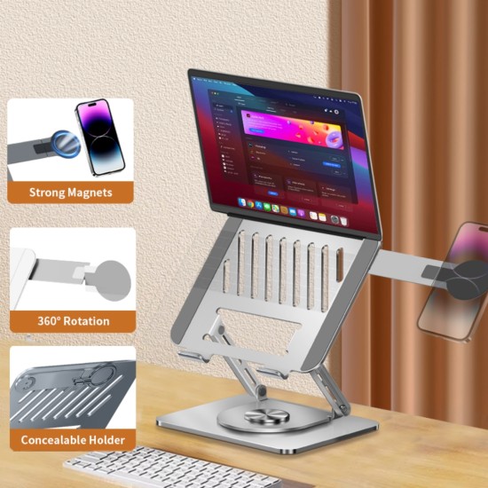 Laptop stand karbon çelik 360 derece döner magsafe telefon tutuculu
