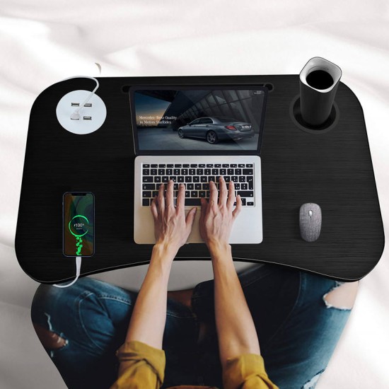 USB Girişli Fonksiyonel Laptop Sehpası - Siyah Ahşap Desenli Katlanır Yatak ve Koltuk Masası, Çekmeceli Bardaklıklı Bilgisayar Standı