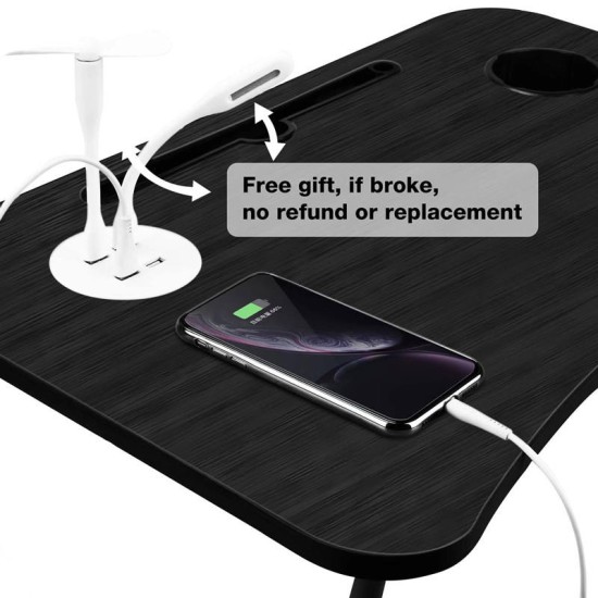 USB Girişli Fonksiyonel Laptop Sehpası - Siyah Ahşap Desenli Katlanır Yatak ve Koltuk Masası, Çekmeceli Bardaklıklı Bilgisayar Standı